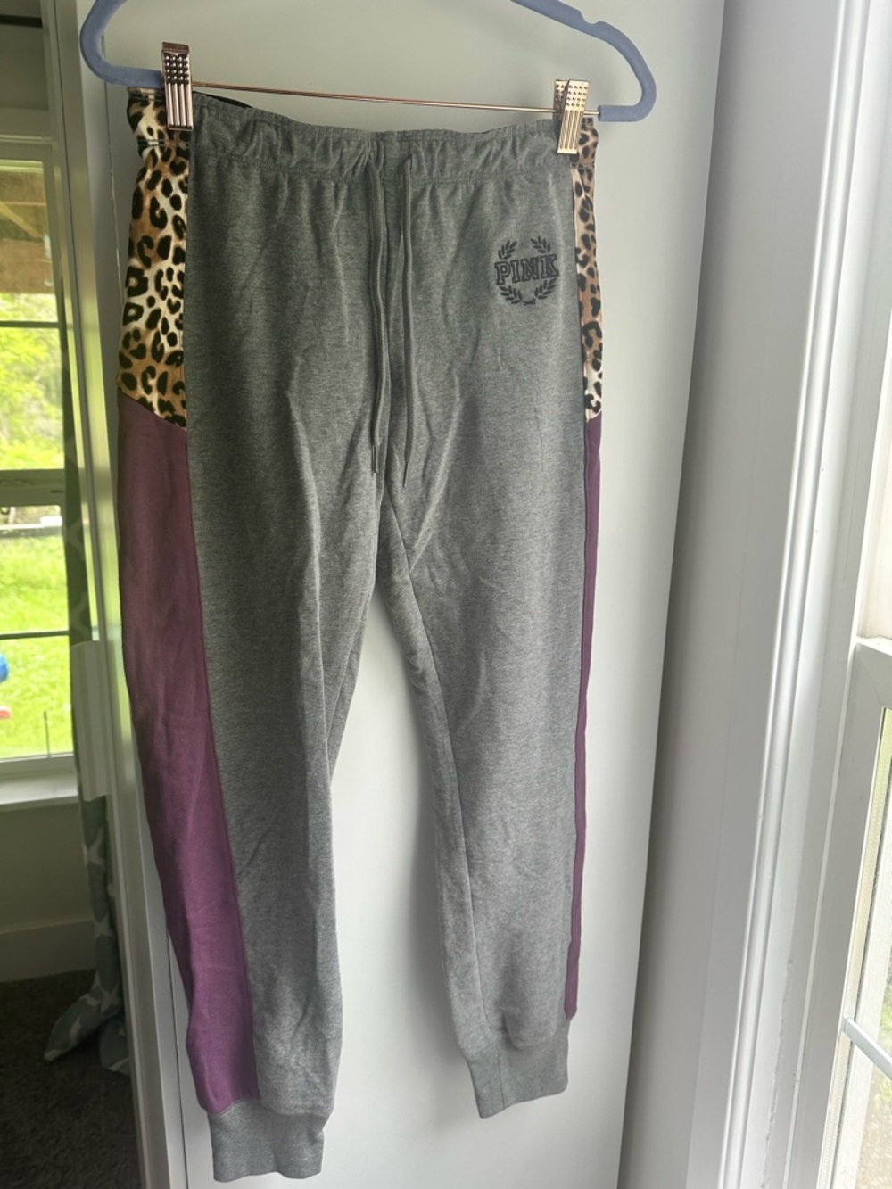 PINK Victoria's Secret Gray & Purple Jogger Pants with Leopard Panels xs